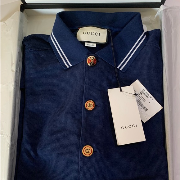 Gucci Other - GUCCI Men’s Royal Blue Long Sleeve Polo Shirt-Gold Button-Oversized Size S - NWT